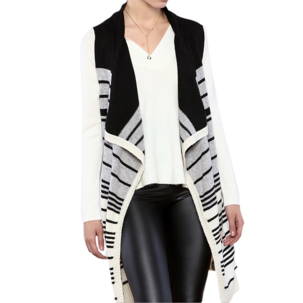 BB Dakota Sleeveless Long Sweater Vest Wool Black Gray White Stripe‎ XS